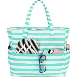 NEW Large Beach Tote Bag with Zipper Pockets Waterproof - Striped Ggreen
